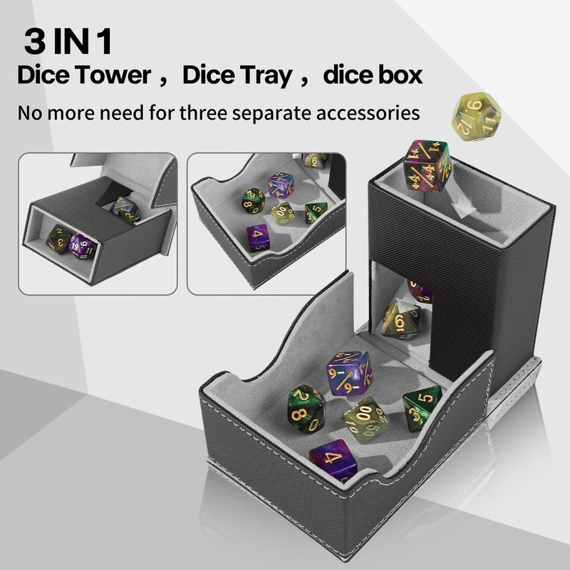 Stepane Dice Roller Tower, Premium DND Magnetic Dice Tray, Foldable PU Leather Dice Tower RPG Gifts for Dungeons and Dragons MTG Dm & Player Black/Grey - Image 2